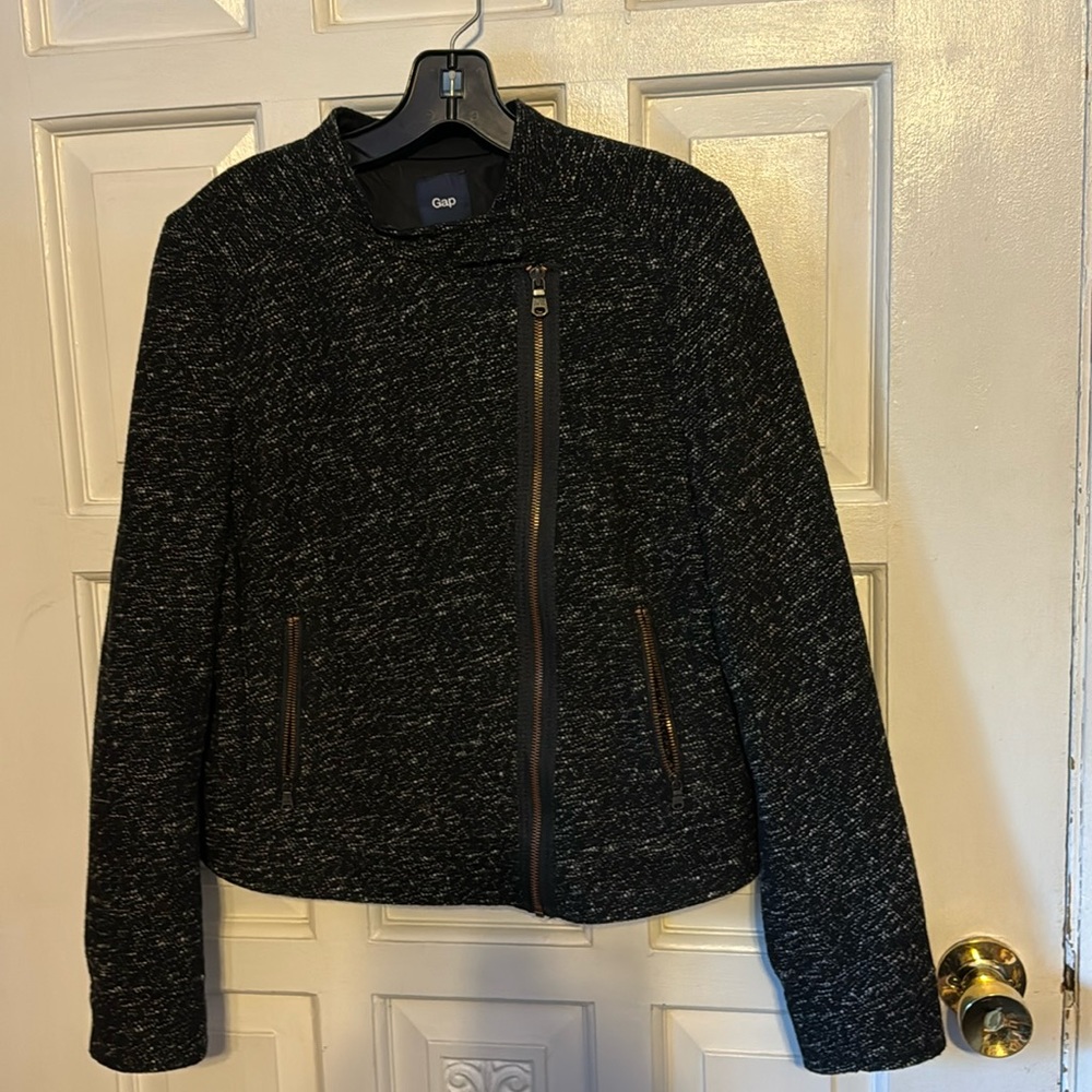 Gap Retro Moto/Asymmetrical  Jacket Black Tweed  Wool Fully Lined Size Medium